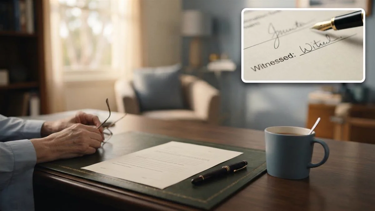 A binding nomination form and a fountain pen on a desk beside a cup of tea.